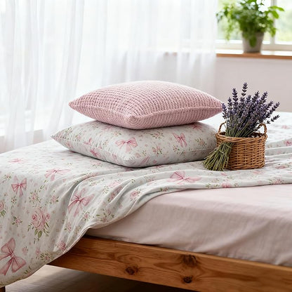 Bow Duvet Cover Queen Size Girls Pink Floral Duvet Cover Set Princess Style Bowknot Bedding Set Ultra Soft Reversible Garden Flower Bedding Set 3Pcs
