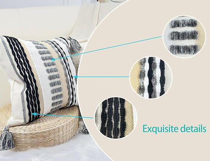 Boho Throw Pillow Covers 16x16 Aesthetic Neutral Boucle Couch Pillow Cover Rainbow Striped Decorative Accent Pillow Case for Couch Bed Sofa Farmhouse Bedroom,Modern Funky,Set of 2 Grey