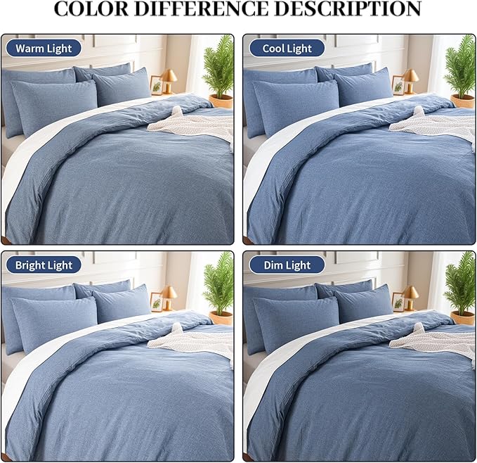 NEXHOME PRO Duvet Cover Twin 100% Washed Cotton, Organic Natural Linen Like Textured, Breathable, Durable, Home Bedding Set, Heathered Blue 6890