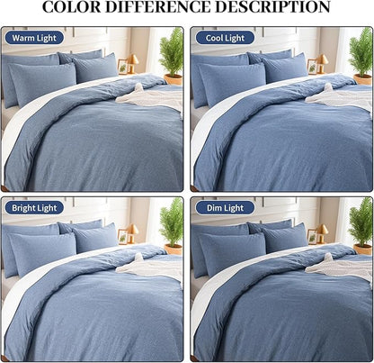 NEXHOME PRO Duvet Cover Twin 100% Washed Cotton, Organic Natural Linen Like Textured, Breathable, Durable, Home Bedding Set, Heathered Blue 6890