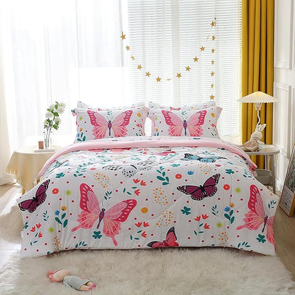 Girls Butterfly Comforter Set Full Size 7 Piece Bed in A Bag Colorful Flowers Leaves Bedding Set for Kids Teens Super Soft All Season