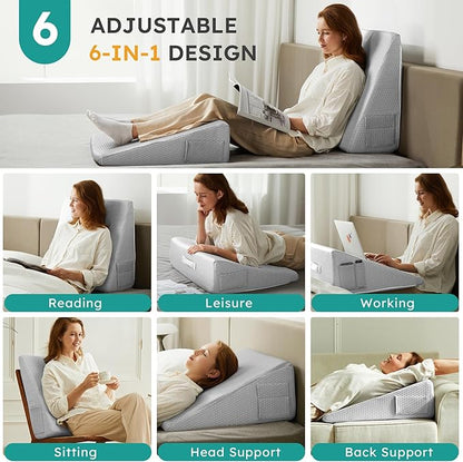 Bedluxe Wedge Pillow, 10 inch Bed Wedge Pillow for Headboard, Pillow Wedge for Acid Reflux Relief, Sleeping, After Surgery, Snoring, Gerd, Triangle Pillow Wedge - Cooling Memory Foam Top, Light Grey