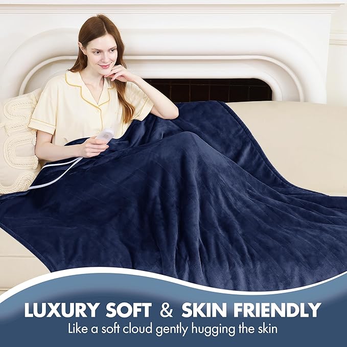 Full Size Heated Blanket 72" x 84" - Fluffy Ultra Soft Flannel Heated Lap Blanket with 6 Heating Levels & 10 Hours Adjustable Timer, Fast Heating and Electric Blanket for Office (Navy)