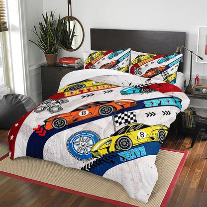 AILONEN Racing Car Comforter Set Twin Size, Plaid Bedding Set for Kids Boys,Cool Speed Race Car Bed in a Bag 3 Pcs,1 Quilt and 2 Pillowcases,Soft Microfiber