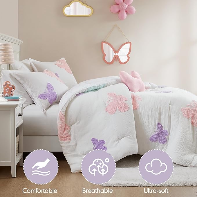 Intelligent Design Kids Rio Twin Comforter Set – Girls’ Reversible Tufted Chenille Bedding with Pastel Purple Butterflies and Pink Dot, 3pcs