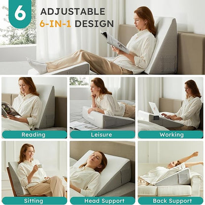 Bedluxe Wedge Pillow, 12 inch Bed Wedge Pillow for Headboard, Pillow Wedge for Acid Reflux Relief, Sleeping, After Surgery, Snoring, Gerd, Triangle Pillow Wedge - Cooling Memory Foam Top, White/Grey