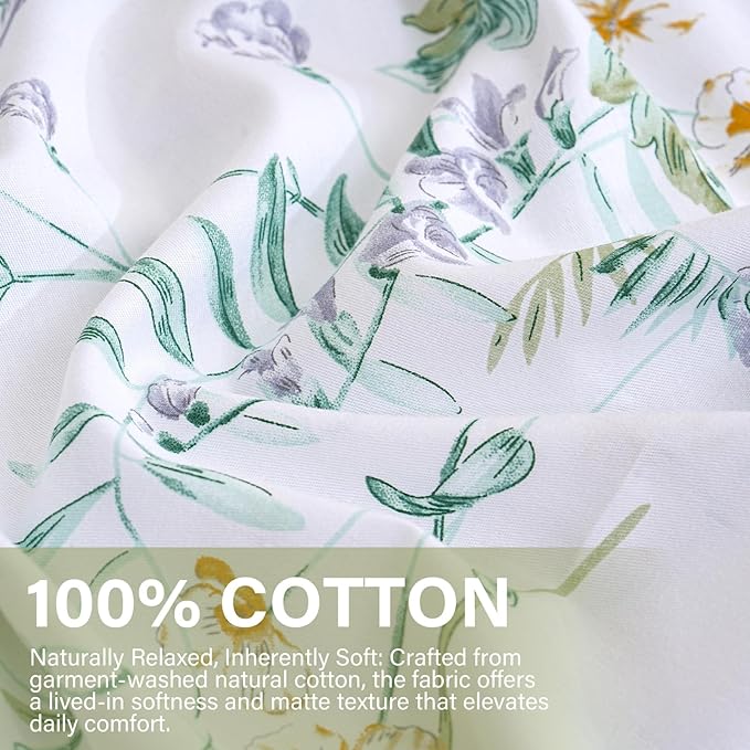 100% Cotton Duvet Cover Set King Size Vintage Chic Style Green Floral Duvet Cover Lightweight Floral Bedding Set with Zipper Closure for All Season, Exquisite, Ultra Soft