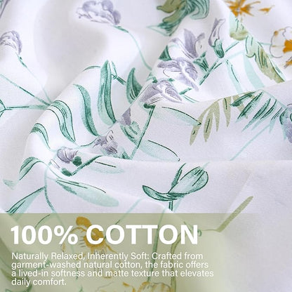 100% Cotton Duvet Cover Set King Size Vintage Chic Style Green Floral Duvet Cover Lightweight Floral Bedding Set with Zipper Closure for All Season, Exquisite, Ultra Soft