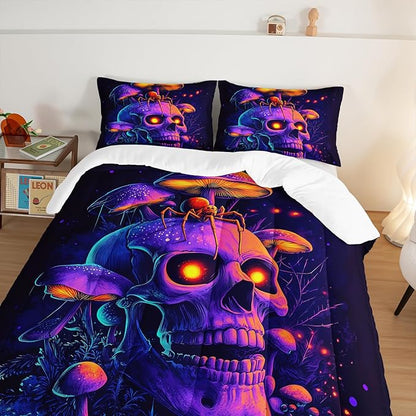 Death Skull Comforter Set King Size,Gothic Bedding Spider Mushroom Printed Comforter Set for Kids Teens Boys Room Decor,Spooky Horror Themed Bedding Sets with 2 Pillowcases.