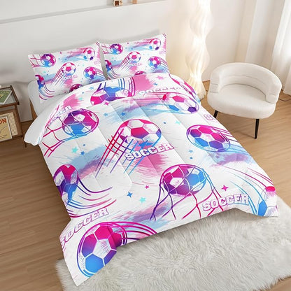 Ball Games Bedding Football Full Comforter Set,Pink and Blue Soccers Stars Bedding Set for Kids Girls Boys Room Decor,Sports on The Court Aesthetic Bedding Sets with 2 Pillowcases.