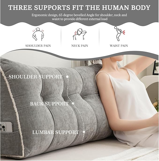 Headboard Pillow Queen, Chenille Triangular Wedge Pillow Headboard Queen Size, Reading Setting Backrest Daybed Pillows for Sofa Bed with Removable Cover, Grey