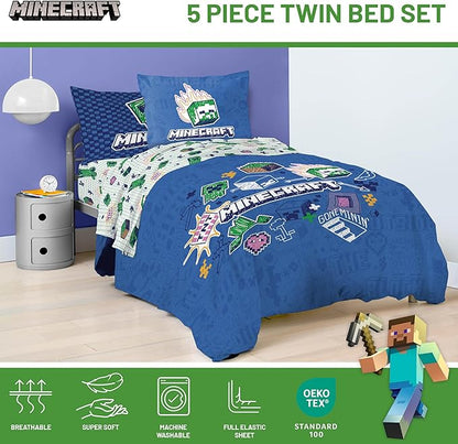 Jay Franco Kids Comforter Set Includes Sheets and Pillow Covers - Soft and Cozy Bed Set for Stylish Room Decor, Blue - Minecraft 02, 5 Piece Twin Bedding