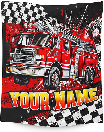 Personalized Blanket for Boys, Fire Truck Throw Blanket Gifts for Kids Boys Age 10-12, 50"x60" Cool Custom Flannel Blankets Gift for Son Cars Lovers Lightweight Throws for Couch Sofa Bed Decor