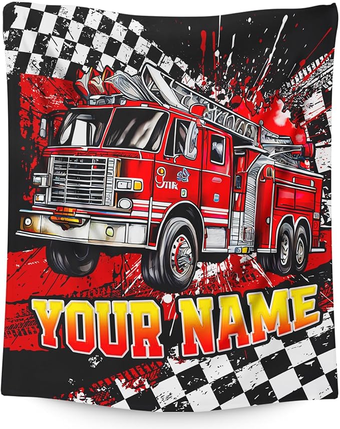 Boys Blanket Gifts Personalized Fire Truck Blankets for Kids Toddlers Boys - 30" x 40" Custom Name Cute Car Themed Soft Lightweight Flannel Throws for Couch, Sofa, Bed, Office, Travel