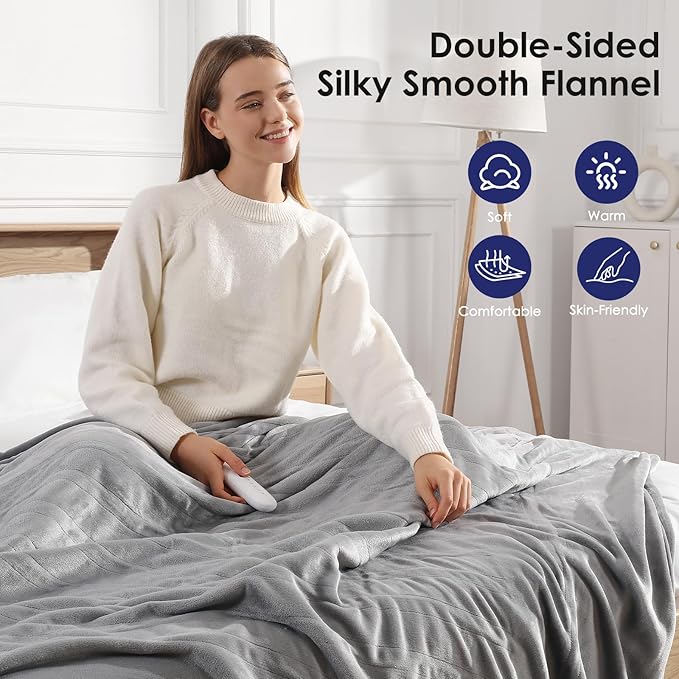 Electric Blanket Heated Blanket Full Size with 5 Heat Levels & 10 Hrs Timer, Premium Cozy Double Flannel Heating Blanket, Fast Heating & Overheating Protection, Grandma Birthday Gifts(Subtle Grey)