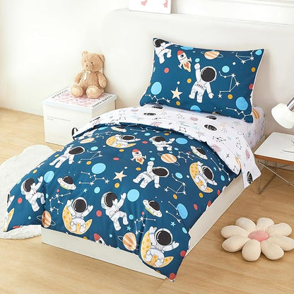 URBONUR 4-Piece Toddler Bedding Set for Boys Space Themed Rocket Astronaut Toddler Comforter Set with Sheets Soft Lightweight Perfect for Kids 2-6 Year Old Toddler Bed in a Bag