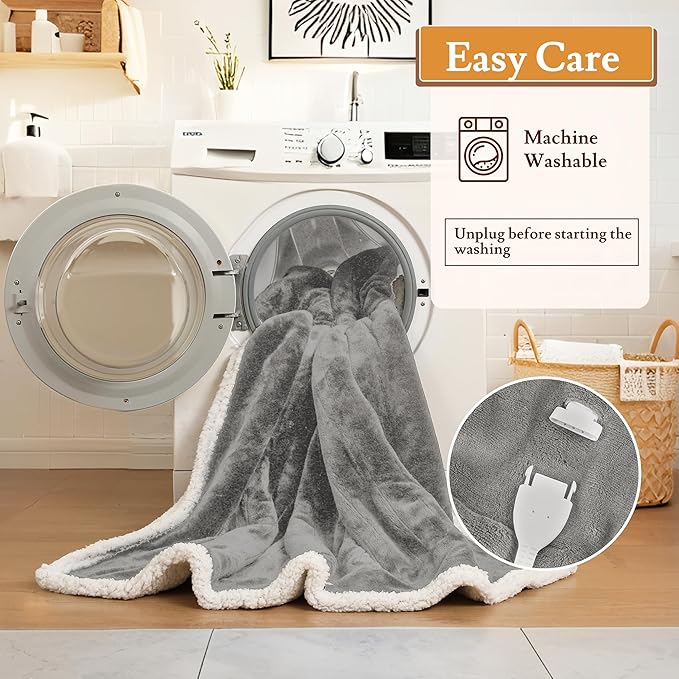 Electric Heated Blanket Flannel & Sherpa 62"x84" Twin Size - 4 Heat Levels 10H Auto Shut Off Fast Heating Cozy and Comfortable Warm Gifts, Machine Washable - Light Gray