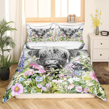 Highland Cow Duvet Cover Twin,Watercolor Flowers Cowhide Bedding Set for Kids Teens Girls Boys Room Decor,Rustic Farmhouse Comforter Cover Cute Animals Plants Quilt Cover with 1 Pillowcase