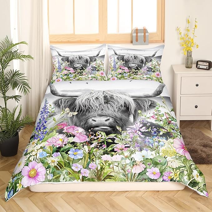 Highland Cow Bedding Set Full,Watercolor Flowers Cowhide Duvet Cover 3pcs for Kids Teens Girls Boys Room Decor,Rustic Farm Animals Plants Comforter Cover Vintage Nature Bedspread with 2 Pillowcases
