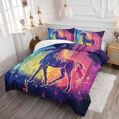 Full Size Unicorn Bedding Set, Cute Unicorn Yellow Line Design Duvet Set for Kids Girls, Dreamy Minimalist Style Quilt for Bedroom Recor