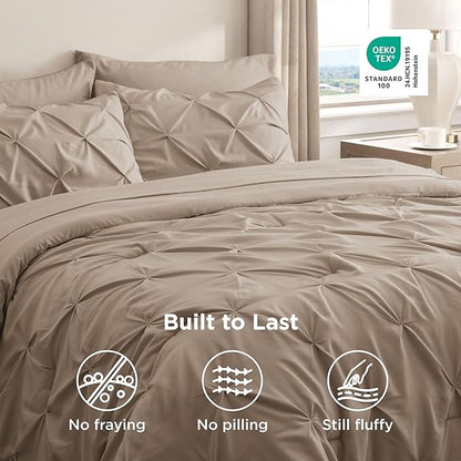 Bedsure California King Comforter Set Khaki - Bed in a Bag Cal King Bedding Set 7 Pieces, GentleSoft™ Pintuck Bed Set Gift for Family, Pinch Pleat Khaki Comforter with Sheets, Pillowcases & Shams