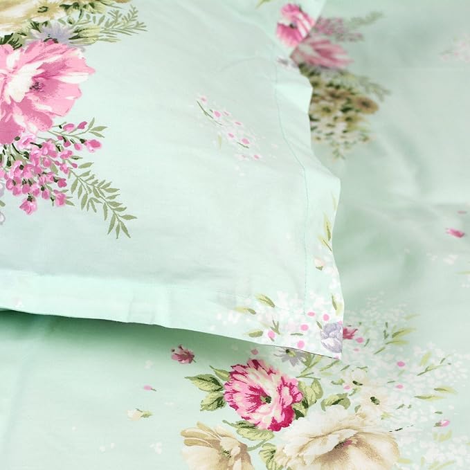 FADFAY Green Floral Duvet Cover Sets Vintage Flower Printed Bedding Ultra Soft 100% Cotton Designer Bedding Set 3 Pieces, 1duvet Cover & 2pillowcases (King/California King Size, Simple Style)