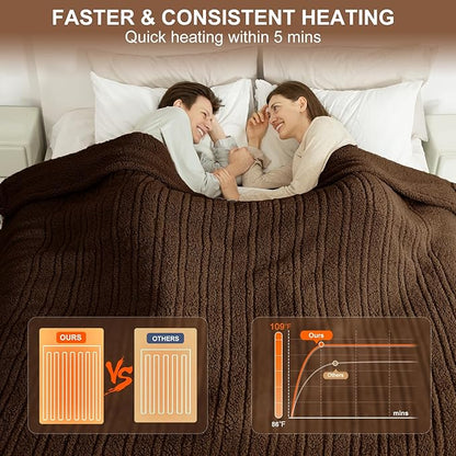King Size Heated Blanket Single Control - Soft Double Sided Sherpa Electric Blanket with 6 Heating Levels & 10 hrs Timer Settings, Washable & Overheat Protection for Bed, Brown