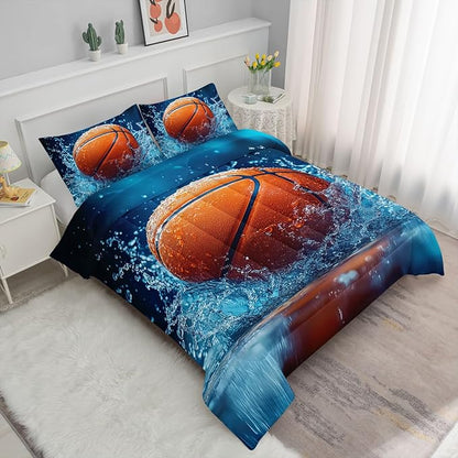Basketball Comforter Set 3D Water Splash Printed Bedding Set with 1 Comforter and 2 Pillowcases for Boys and Girls Bedroom All Season（Basketball Queen