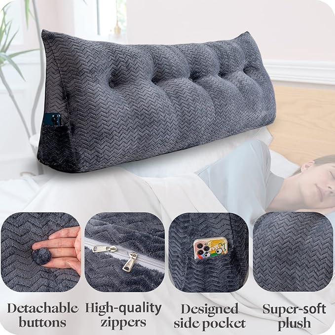 Large Bolster Triangular Headboard Wedge Backrest Positioning Support Bed Rest Reading Pillows Headboard Wedge Pillows for Day Bed Bunk Bed with Removable Cover, King (76x8x20 Inches)
