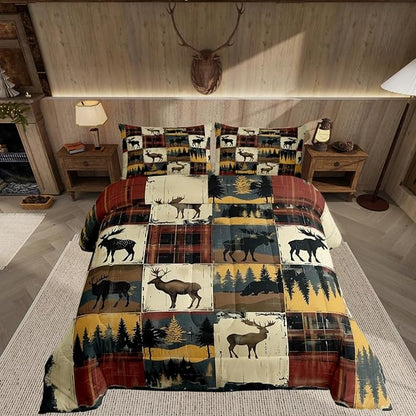 Feelyou Deer Comforter Set King Size Wild Life Comforter for Boys Girls Teens Forest Bedding Set Grid Duvet Set Room Decor Rust Red Quilt Set