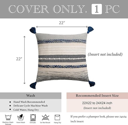 BlissBlush Navy Dark Blue Boho Throw Pillow Cover 22x22 Grey Decorative Accent Pillow for Couch Square Woven Textured Pillowcase Modern Boho Pillow for Bed, Bohemian Pillow Cover (Pack of 1)