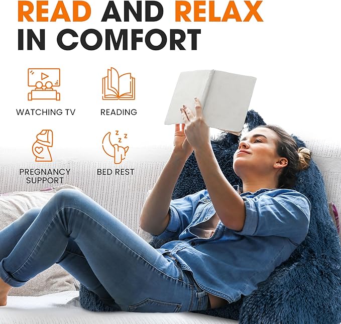 Cheer Collection Fluffy Reading Pillow Chair - Shaggy Hair Chair Pillow with Arms for Bed & Couch, Navy Blue