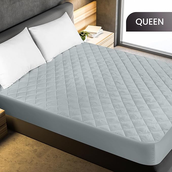 Utopia Bedding Quilted Fitted Mattress Pad, Queen Size, Elastic Fitted Mattress Topper Protector and Cover with Deep Pocket Stretches up to 16 Inches, Machine Washable (Light Grey)