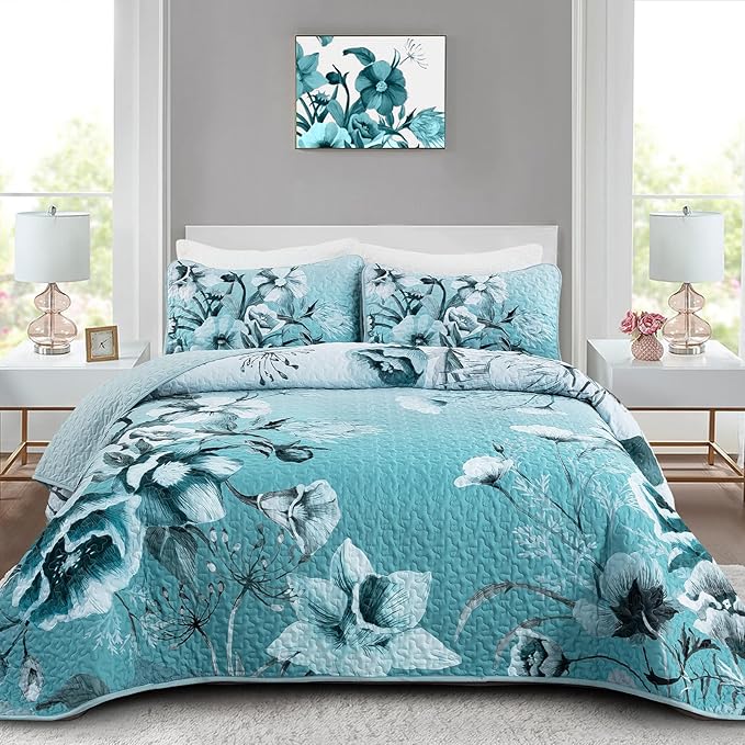Blue Floral Quilt Set Queen 3 Pieces Boho Flower Quilt Coverlet Set Soft Microfiber Lightweight Floral Quilted Bedspread with 2 Pillow Shams for All Season 90"x96"