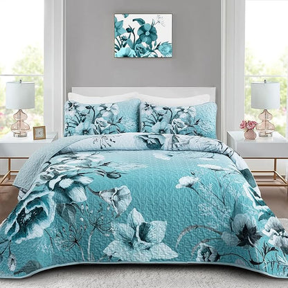 Blue Floral Quilt Set Queen 3 Pieces Boho Flower Quilt Coverlet Set Soft Microfiber Lightweight Floral Quilted Bedspread with 2 Pillow Shams for All Season 90"x96"