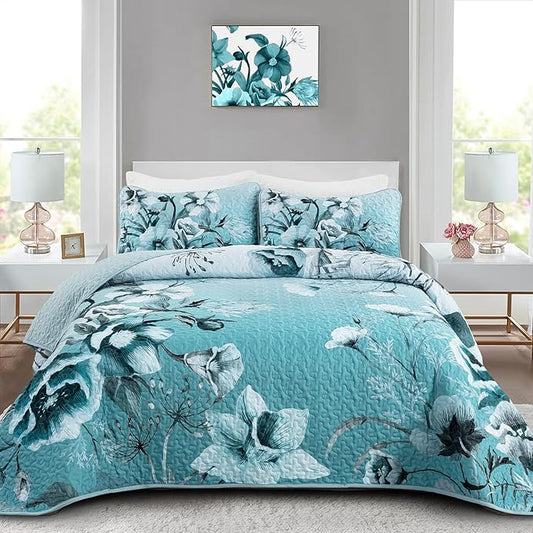 Blue Floral Quilt Set Queen 3 Pieces Boho Flower Quilt Coverlet Set Soft Microfiber Lightweight Floral Quilted Bedspread with 2 Pillow Shams for All Season 90"x96"