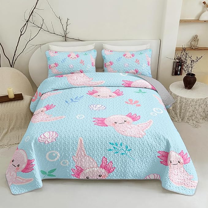 QOOMO Axolotl Quilt Set Full/Queen Size,Kawaii Salamander Bedspread Coverlet Set,Ocean 3Pcs Bedding Set Printed Quilt with 2 Pillowcases,Soft and Lightweight,for All Seasons