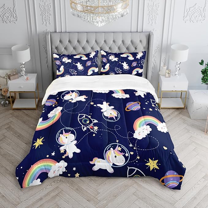 Unicorn Comforter Set Full Size for Kid Girls Space Rocket Rainbow Star Pattern Quilt Bedding Set with 1 Comforter and 2 Pillowcases
