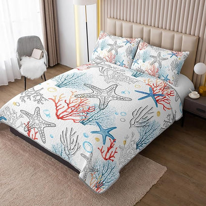 Coastal Themed Quilted Quilt King Size,Starfish Bedding Sets for Kids Girls Room Decor,Coral Bubbles Pattern Lightweight Quilt with 2 Pillowcases.