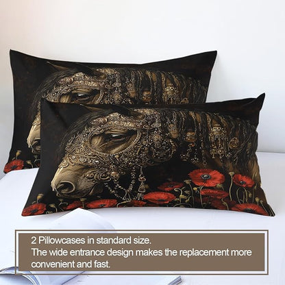 Horse Duvet Cover California King, Vintage Rural Horse Bedding Set Bedroom Decor Red Poppy Flowers Comforter Cover and 2 Pillow Sham with Zipper Closure