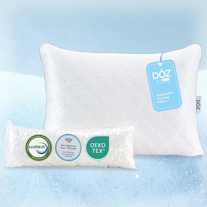 DOZ Adjustable Bed Pillow, Cooling Surface, Shredded Memory Foam, Medium Firm, Perfect for Back, Side, Stomach Sleeper, Oeko-Tex and CertiPUR-US Certified (Queen)