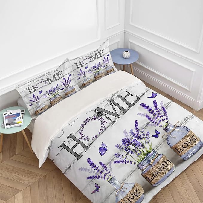 Lavender Theme 3 Pieces Duvet Cover Comforter Set with 2 Pillowcase Queen Size Purple Flower Bed Sheet Quilt Bedroom Bedding for Lover Kids