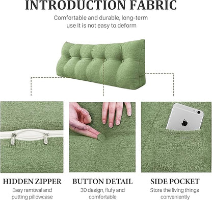 11 lbs Thickened Headboard Pillow Wedge Pillow Headboard Reading Pillow Bed for Comfortable Backrest Reading Triangular Pillow with Side Pocket for Sitting in Bed Cotton Linen Green Queen