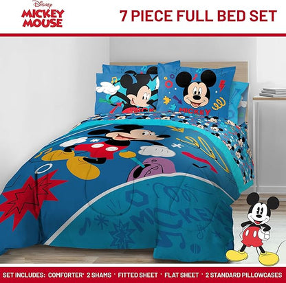 Jay Franco Kids Comforter Set Includes Sheets and Pillow Covers - Soft and Cozy Bed Set for Stylish Room Decor, Blue - Mickey Mouse, 7 Piece Full Bedding