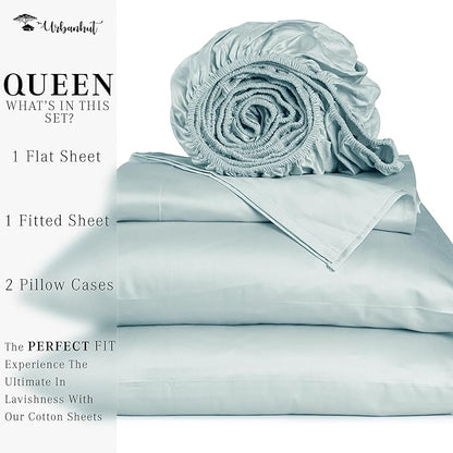 URBANHUT 1000 Thread Count Queen Sheet Set Egyptian Cotton, Long Staple Soft & Breathable, 4 Pc Bed Sheet Sets, Luxury Hotel Sateen Sheets Fits 16" Deep Pocket - Light Blue
