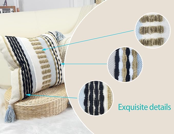 Boho Throw Pillow Covers 16x16 Aesthetic Neutral Boucle Couch Pillow Cover Rainbow Striped Decorative Accent Pillow Case for Couch Bed Sofa Farmhouse Bedroom,Modern Funky,Set of 2 Khaki