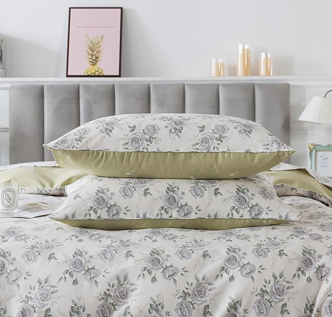 FADFAY Rose Duvet Cover Set Queen Rustic Peony Floral Bedding Vintage Botanical Quilt Cover Set Shabby Farmhouse Bedding 100% Cotton Soft Comforter Cover with Hidden Zipper Closure 3Pcs, Queen Size