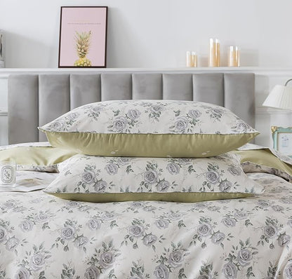 FADFAY Rose Duvet Cover Set Queen Rustic Peony Floral Bedding Vintage Botanical Quilt Cover Set Shabby Farmhouse Bedding 100% Cotton Soft Comforter Cover with Hidden Zipper Closure 3Pcs, Queen Size