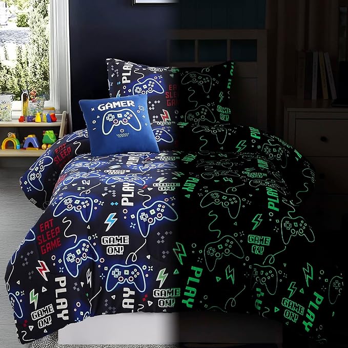 Twin Comforter Set for Boys-3 Pieces Gamer Glow in The Dark Twin Bedding Sets for Kids,1 Comforter,1 Sham and 1 Decor Pillow