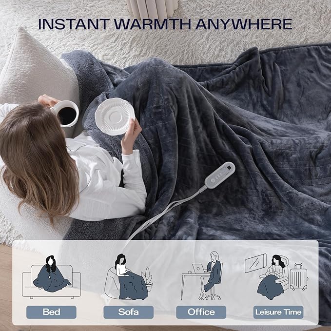 Heated Blanket Throw, Electric Blanket Soft Sherpa Flannel, 8 Hours Auto Shut-off & 8 Fast Heating Levels, Machine Washable ETL Certified, Heating Blanket for Bed & Sofa (50x60 inches, Gray)
